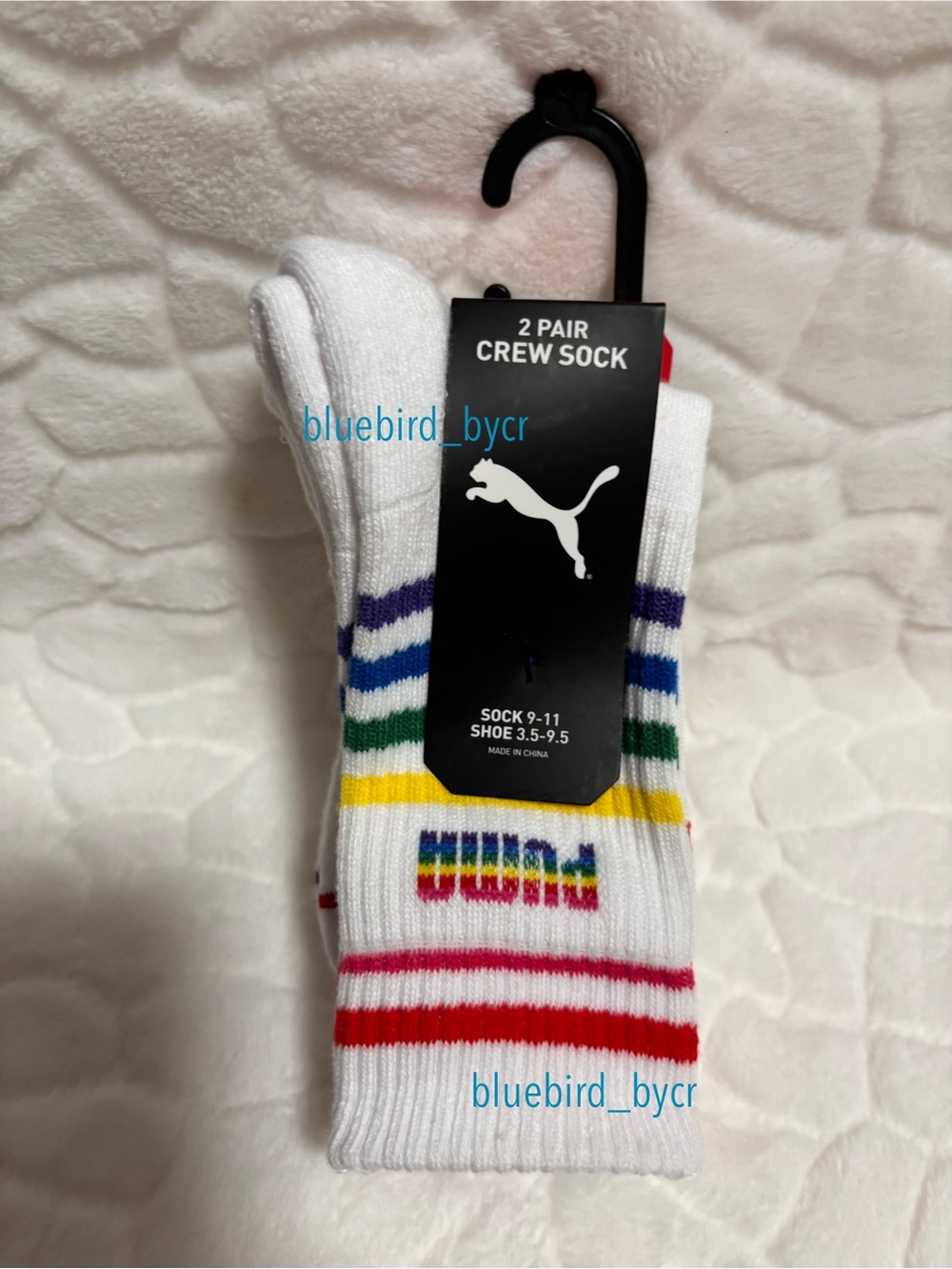 Puma Men’s White Crew Socks with Rainbow Stripes - 2 Pair Pride Collection